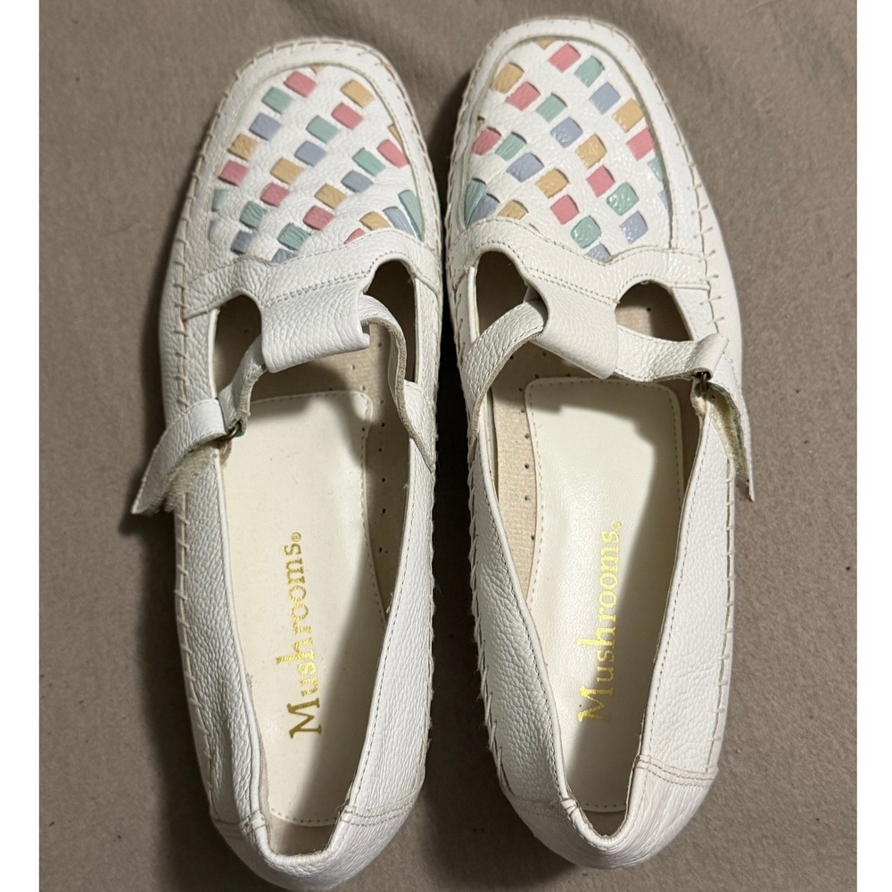 Mushrooms Womens 10W White Leather Pastel Woven Loafers Hook Loop Flats F02